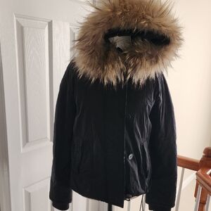 THEORY EUC REAL FOX FUR TRIM AND FUR LINED HOOD PUFFER JACKET SIZE SMALL